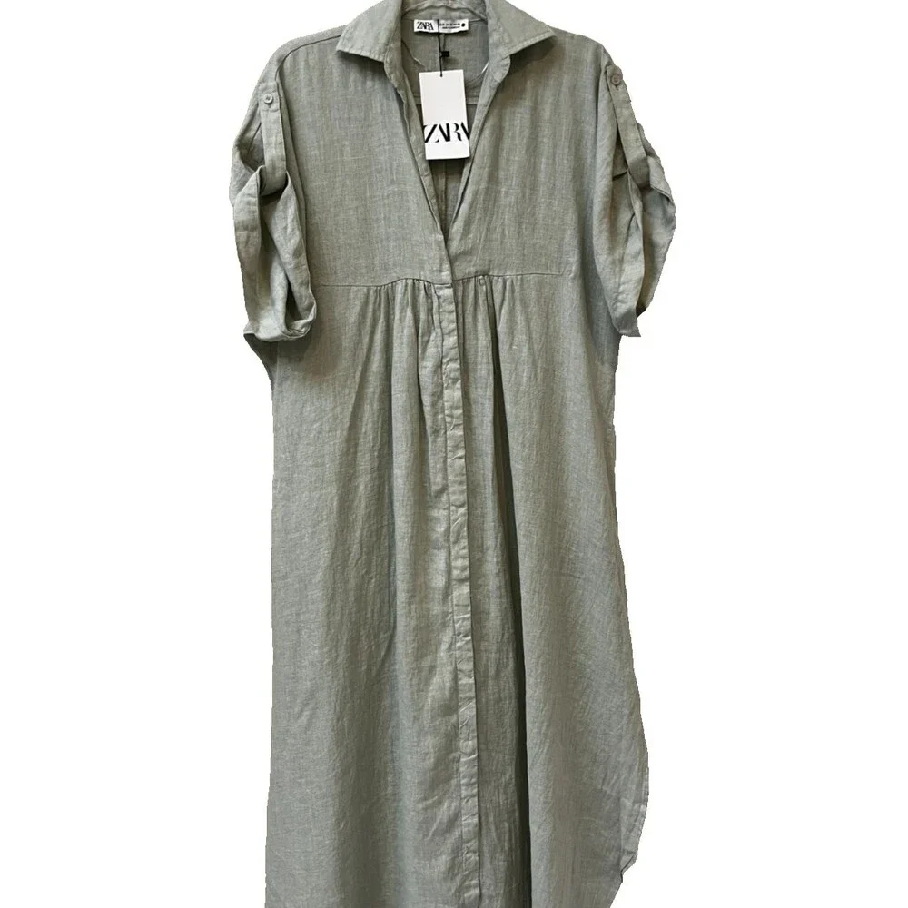 Zara NWT Sage Green Lovina Linen Short Sleeve Button Front Midi Dress sz XS NEW - Picture 4 of 15